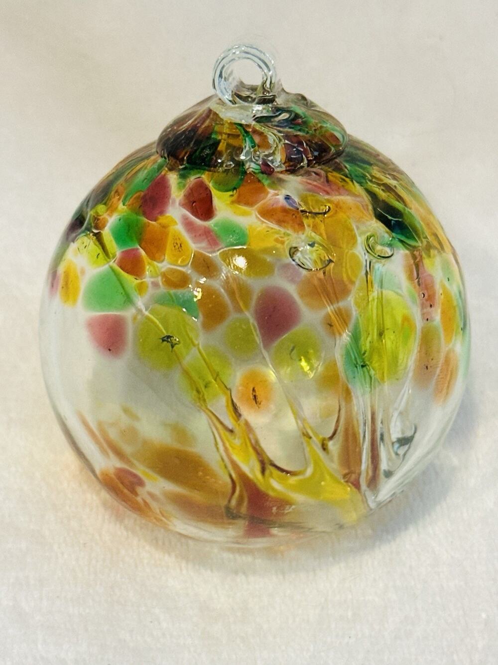 Handblown Art Glass Ornament Fairy Orb Witches Ball Suncatcher 4” Yellow & Brown